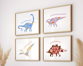Floral Dinosaur Prints Set of 4: Pink Girl Dinosaur Wall Art for Nursery or Bedroom, Cute Dino Posters, Printable Wall Art