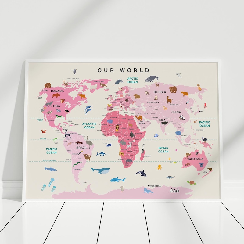 Pink World Map - Etsy