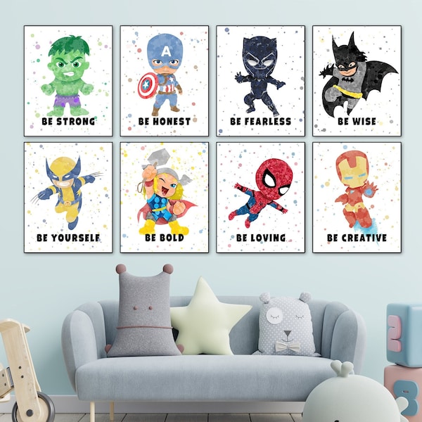 Superhero Prints with quotes, Superhero Wall Art, Superhero Kids Bedroom Decor, superheroes poster 8 Set, superhero nursery decor baby party