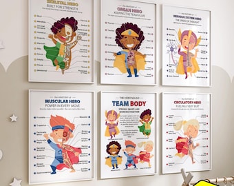 Superheroes Anatomy Poster Set: Kids Human Anatomy Art, Pediatric Clinic & Doctors Office Decor, Biology and Medical Student Gift
