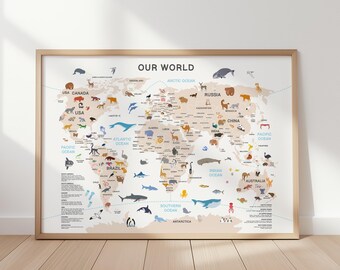Large World Map Poster: Animal Nursery Decor (Digital Download)