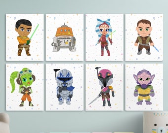 Ensemble de 8 affiches Star Wars Rebels, chambre de bébé star wars, art mural star wars, art pour chambre d'enfant, estampes pour chambre d'enfant, chambre à coucher, fête de décoration aquarelle pour chambre de bébé