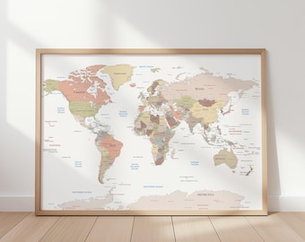 Giant Political World Map Poster, Capitals Wall Art (Digital Download)