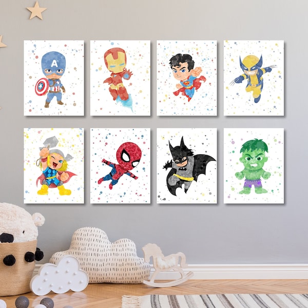 Superhero Kids Bedroom Decor, Superhero Prints, Superhero Wall Art, superheroes poster 8 Set, superhero nursery decor, baby, bedroom party