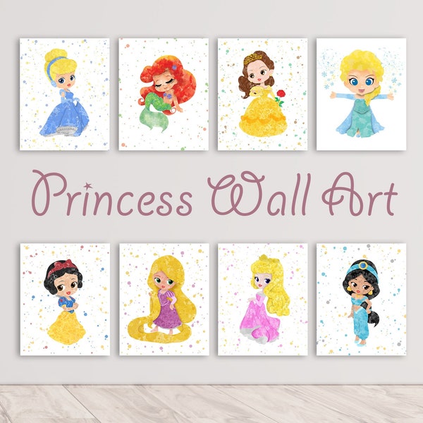Ensemble de 8 art mural princesses classiques, décoration murale princesse, pépinière, chambre de filles, estampes d'art imprimables, princesse aquarelle, chambre princesse