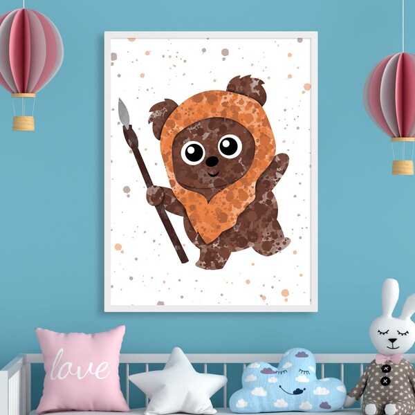 Ewok Star Wars Art, Star Wars Watercolor, Splash Art Print, Nursery Decor, Childrens, Kids Wall Art, Home Decor Boys Room, Instant Download