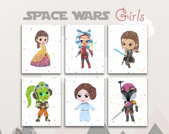 Star Wars Girls Wall Decor 6 Set, pépinière star wars, art mural star wars, art de la pépinière, impressions de pépinière, chambre à coucher, chambre de bébé, décor aquarelle