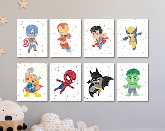 Superhero Kids Bedroom Decor, Superhero Prints, Superhero Wall Art, superheroes poster 8 Set, superhero nursery decor, baby, bedroom party