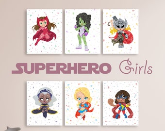 Superhero Girls Poster 6 Set2, baby room, superheroine, Superhero Bedroom Print, Digital Art, Printable nursery watercolor party decor wall