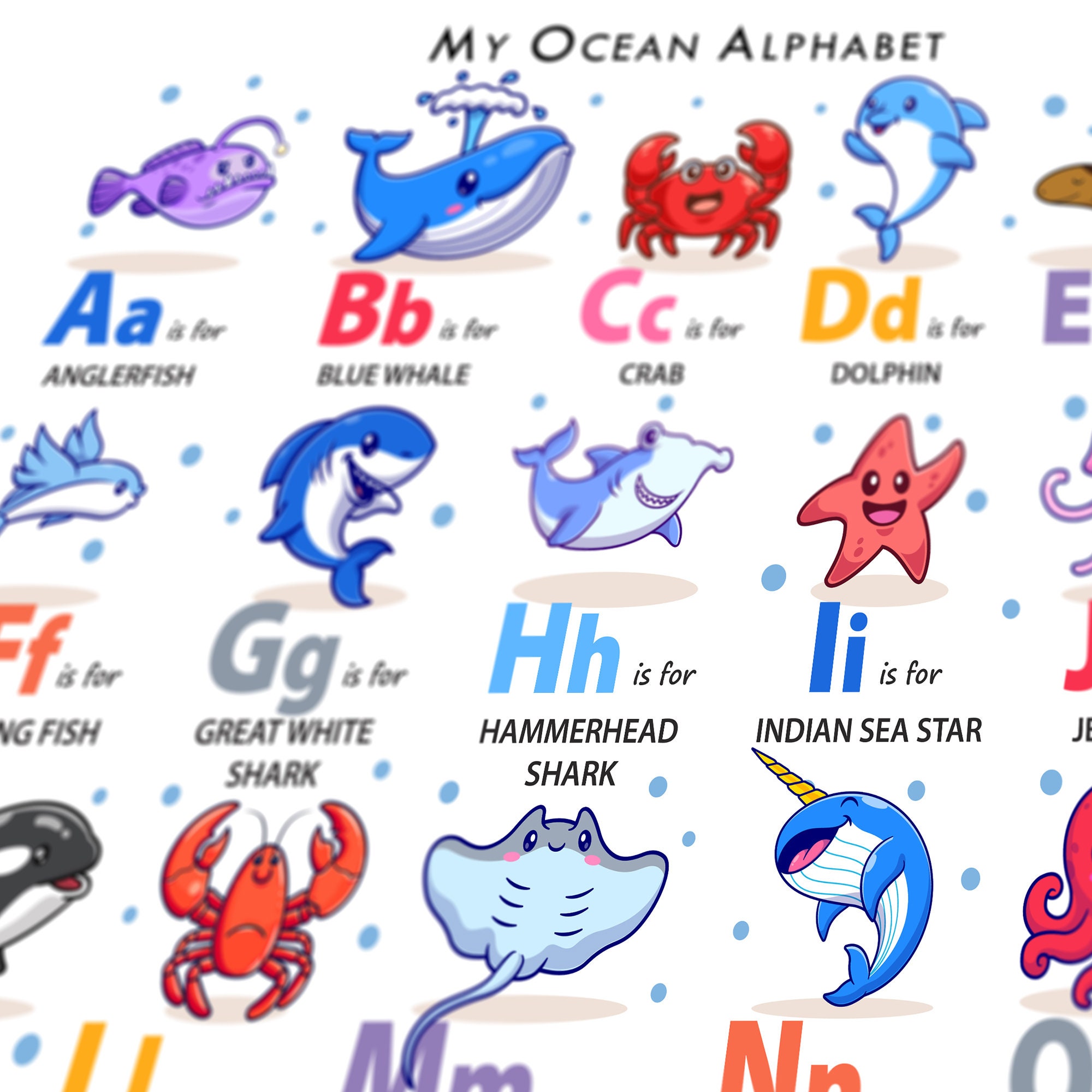 Ocean Alphabet Poster: Educational Animal Alphabet ABC Poster With Cute ...