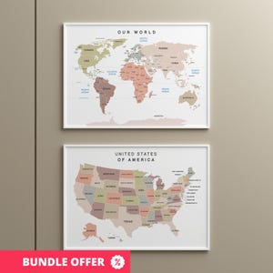 May include: Two framed maps, one of the world and one of the United States of America. The world map is labeled "OUR WORLD" and the USA map is labeled "UNITED STATES OF AMERICA". The maps are in neutral colors. A "BUNDLE OFFER" graphic is at the bottom.