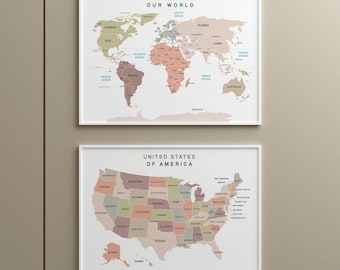 USA Map & World Map Poster Set – Printable America Map and World Travel Map Wall Art