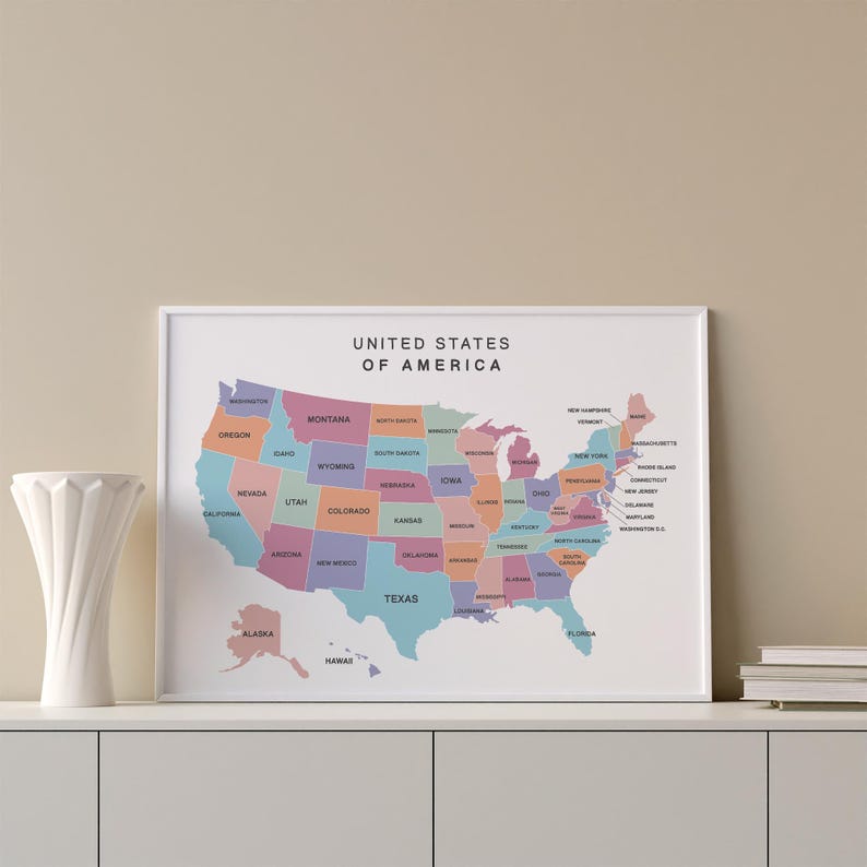USA Map & World Map Poster Set: Printable America Map in Rainbow ...