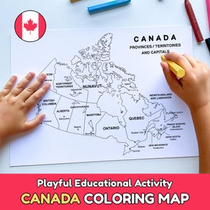 May include: A black and white Canada map with provinces and territories labeled, ready for coloring. A child's hand is coloring the map with a yellow crayon. The text "CANADA COLORING MAP" is at the bottom.