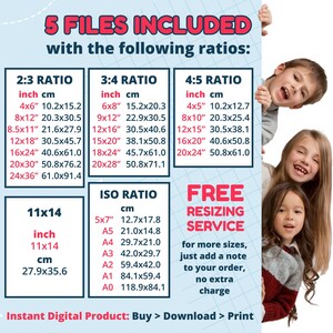 A banner displaying the various file ratios included with the digital purchase, ranging from 2:3 to 11x14 ratios, alongside a photo of four cheerful children.