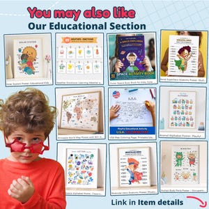 May include: A selection of educational resources, such as posters and activity books, are shown. These include a solar system poster, a world map, and an alphabet chart. A child is wearing star-shaped glasses.