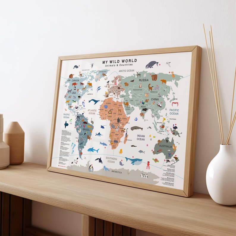Kids World Map Animals: World Map Print, Travel Map for Kids, Nursery ...