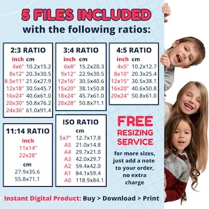 May include: Digital print size guide showing ratios and measurements in inches and cm. Includes 2:3, 3:4, 4:5, 11:14, and ISO ratios. Text states "5 FILES INCLUDED" and "FREE RESIZING SERVICE".