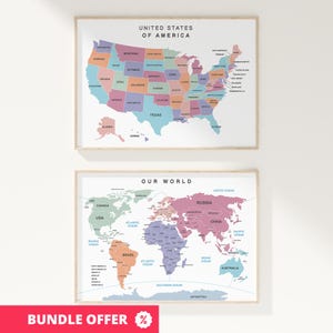 Puede incluir: Dos mapas enmarcados. El mapa superior muestra los Estados Unidos de América con cada estado en un color diferente. El mapa inferior muestra el mundo con países en varios colores. El texto en la parte inferior dice "OUR WORLD". Una pancarta roja en la parte inferior dice "BUNDLE OFFER %".