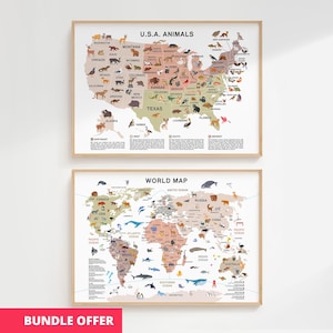 Könnte beinhalten: Zwei gerahmte Karten, eine der USA mit Tierillustrationen und die andere eine Weltkarte mit Tierillustrationen. Die USA-Karte zeigt jeden Staat mit seinen einheimischen Tieren. Die Weltkarte zeigt Tiere auf ihren jeweiligen Kontinenten. Beide Karten haben einen hellen Holzrahmen.