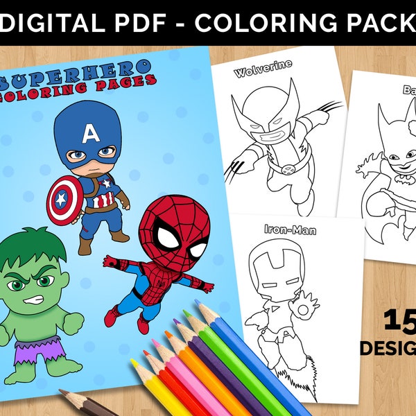 Superhero Coloring Pages - Kids super hero Coloring Book Cute Printable Superhero Art Digital Coloring Book, Party and Birthday Activities