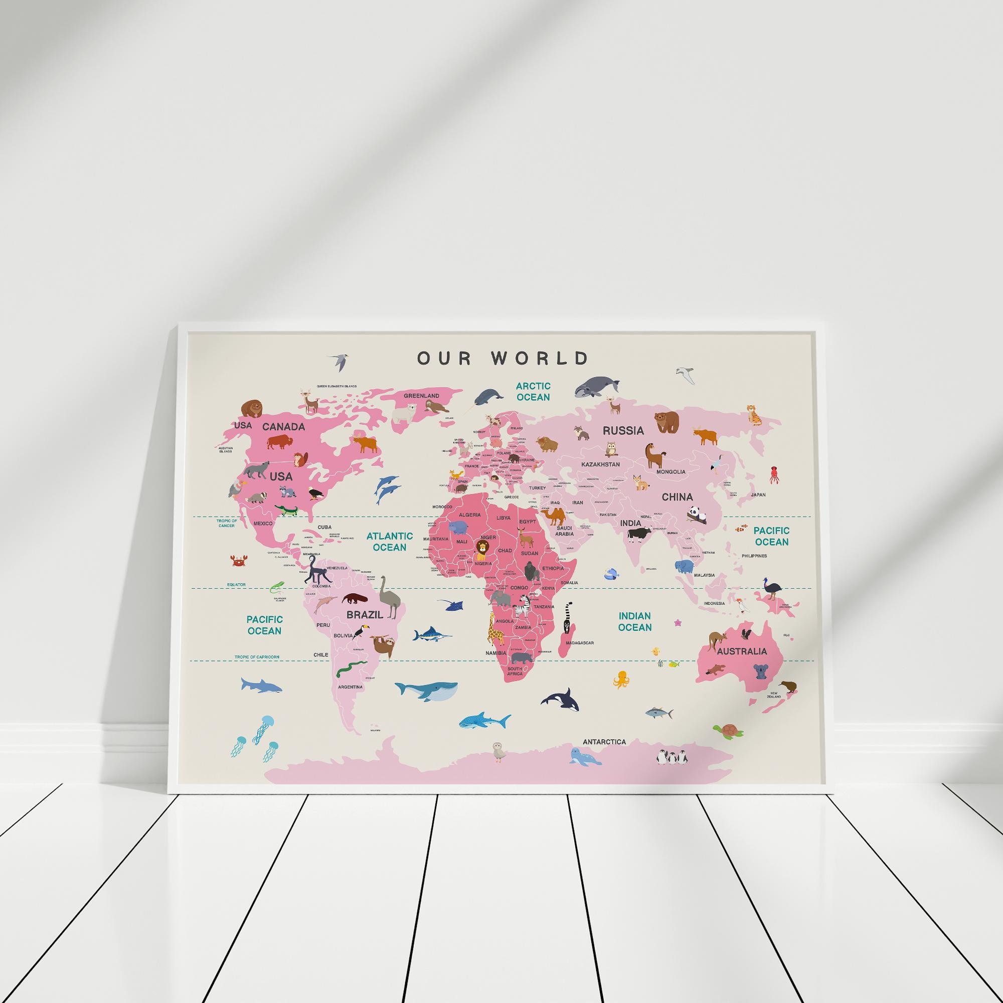 World Map Wall Art for Girls, Pink World Map Poster with 80+ Animals, Boho Wall Decor, Educational Traveler Map, Wanderlust Print, Playroom