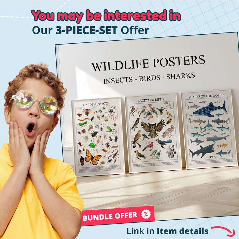 May include: Three framed wildlife posters. The posters display insects, birds, and sharks. The text on the posters reads "WILDLIFE POSTERS" and "INSECTS - BIRDS - SHARKS". The posters are labeled "GARDEN INSECTS", "BACKYARD BIRDS", and "SHARKS OF THE WORLD".