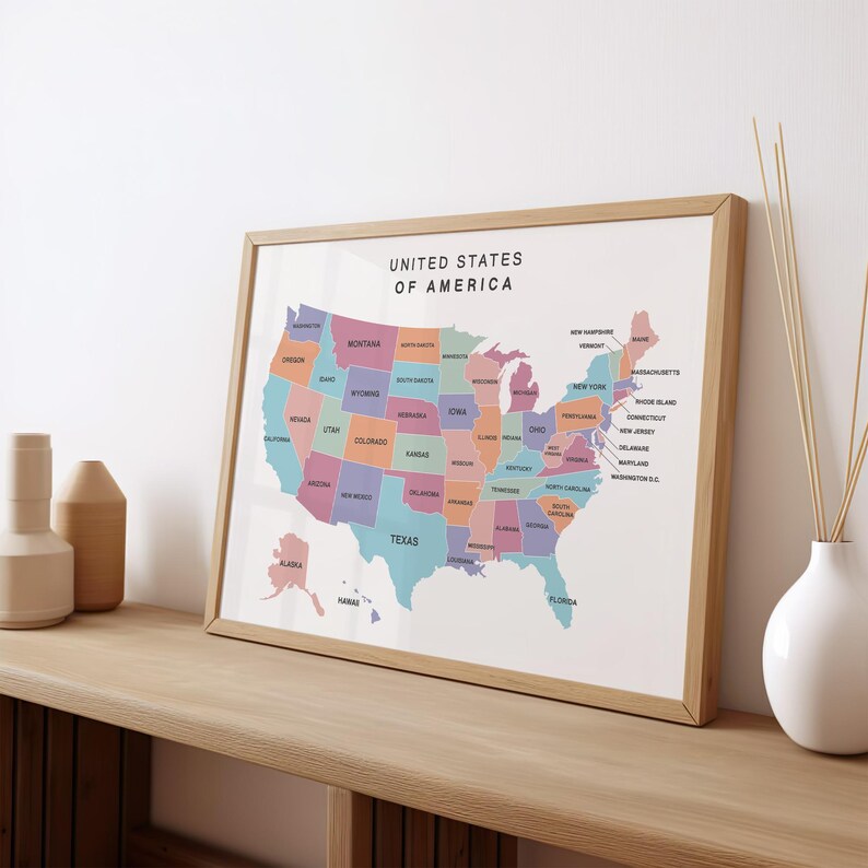 Pastel Colors USA Map – Printable United States Map Wall Art for Kids ...