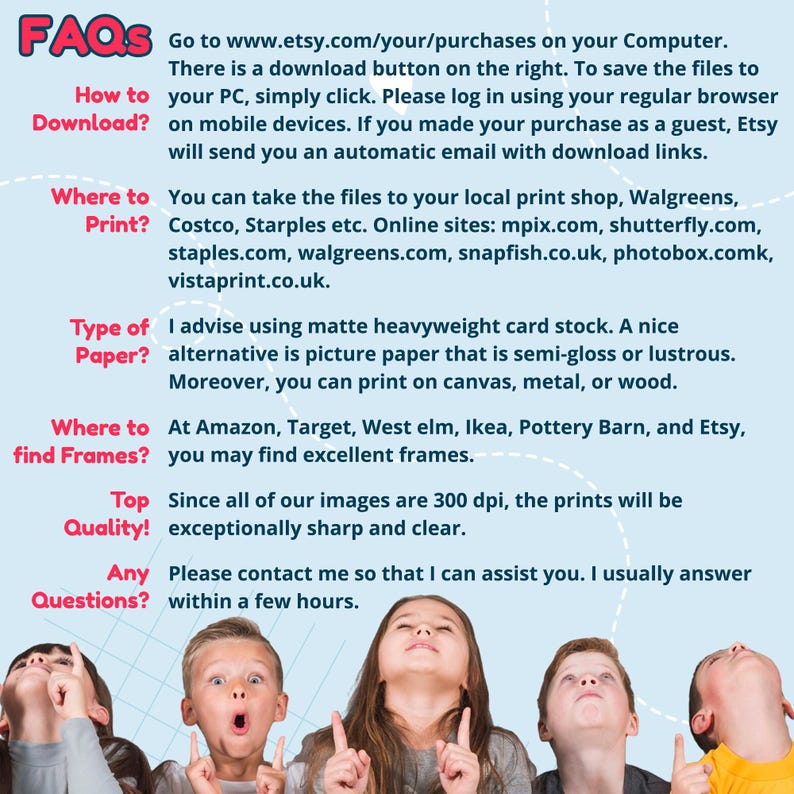 A banner with detailed instructions on how to download, print, and frame the digital ABC poster. It includes a list of types of paper to use and places to print the files, alongside an image of four excited children looking upwards.
