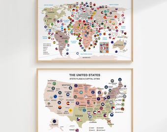 World Map Poster with Flags | USA Map Country Flags | Educational Printable Map