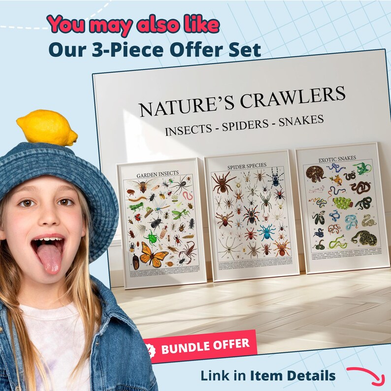 May include: A three-piece set of framed insect and arachnid prints. The prints are titled "Garden Insects", "Spider Species", and "Exotic Snakes". The text "Nature's Crawlers" is at the top. The set is offered as a bundle.