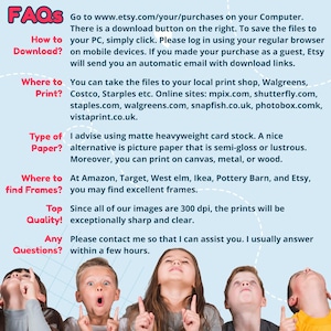 May include: A graphic with the heading "FAQs" providing information on downloading and printing digital files. The image features children looking upwards. The text offers guidance on print locations and frame sourcing.