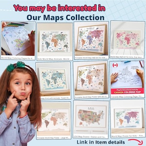 May include: A selection of world map posters and colouring pages. The maps feature diverse designs, including animal illustrations and state outlines. The colour palettes range from pastel hues to vibrant shades, suitable for educational and decorative purposes.