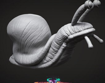 May include: A white 3D printed model of a snail with large eyes and a textured shell.