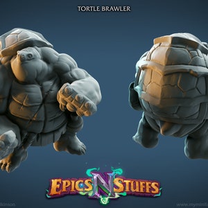 Puede incluir: Una miniatura impresa en 3D gris de una criatura parecida a una tortuga con un cuerpo musculoso y un caparazón en la espalda. La criatura está en una pose de lucha con los brazos levantados. La miniatura está etiquetada como "Tortle Brawler".