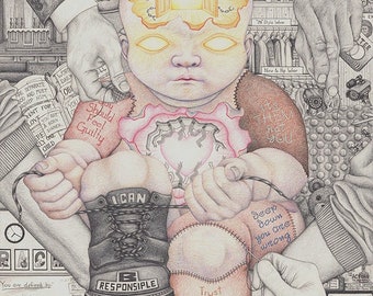May include: A detailed pencil drawing of a baby with a large open door in its head. The baby is wearing a boot and has a heart in its chest. The drawing is surrounded by text and other images, including a clock, a pair of hands, and a pair of scissors.