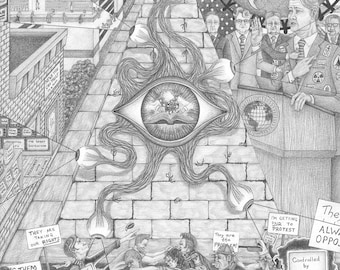 May include: A black and white pencil drawing of a conspiracy theory. The drawing depicts a pyramid with an all-seeing eye at the top. The pyramid is surrounded by various symbols and text, including the words "They are taking our rights" and "Controlled by fear".