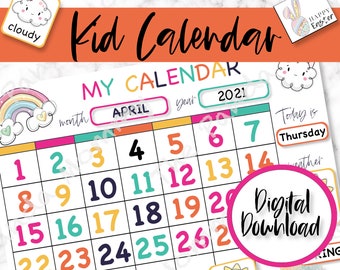 Calendário para impressão para pré-escola, quadro de calendário infantil, calendário perpétuo, números de estações do tempo, atividades para educação domiciliar, pré-escola para impressão