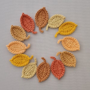 Leaf/leaves with stalks, crochet appliques (set of 12) in different shades