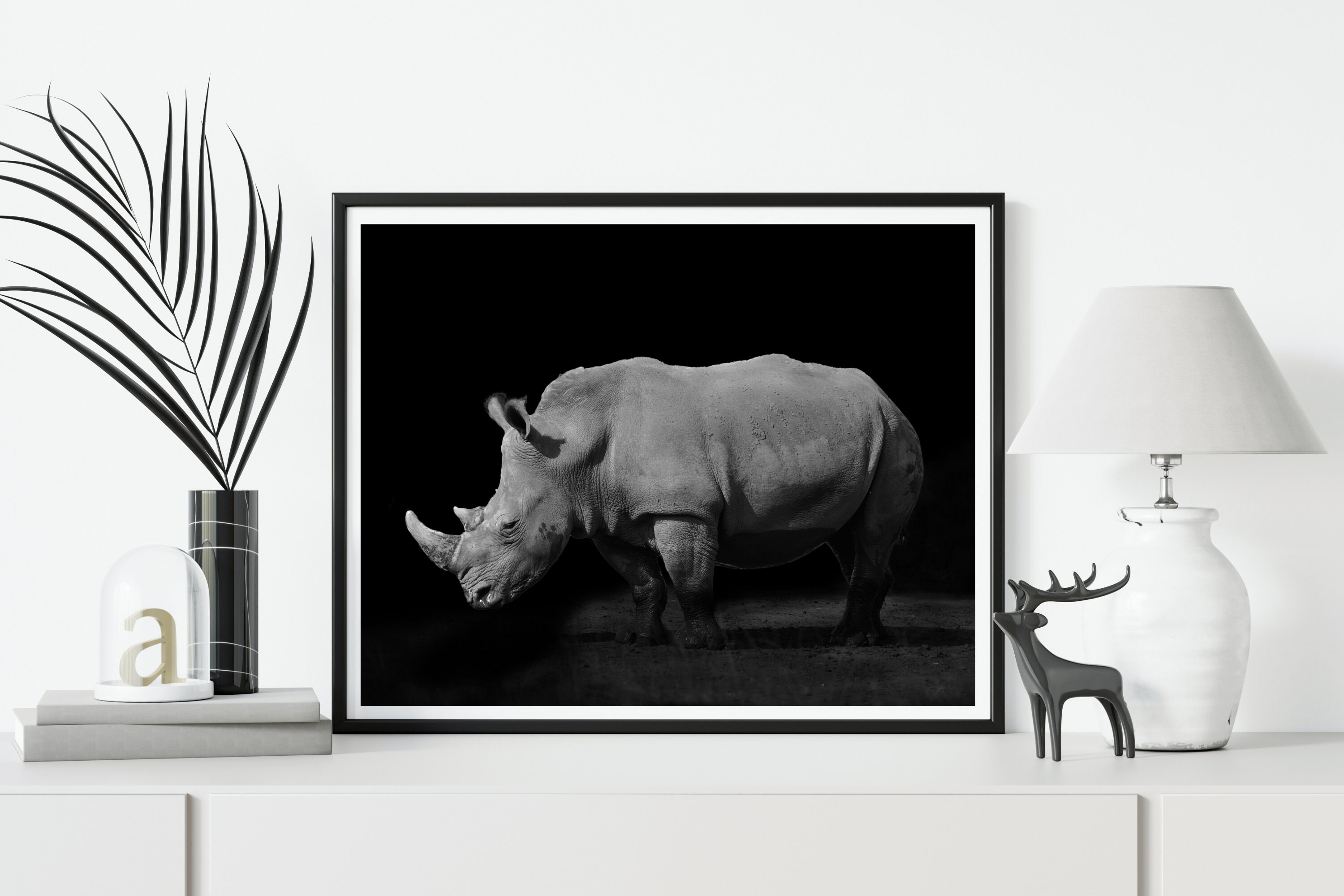 White Rhino on Black Background Wildlife Photography Printable Wall Art