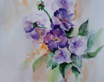 Violet Painting Spring Original Art Pansy Painting Flower Art Small Watercolor 7 by 5 Floral Wall Art by ElgrigoArtShop