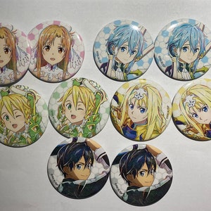 May include: A collection of ten round anime character pinback buttons. The buttons feature various characters with detailed facial expressions and colorful outfits. The background of each button has a hexagonal pattern in pastel colors.