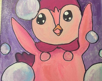Pink Bubbles Piplup Original Stretched Canvas