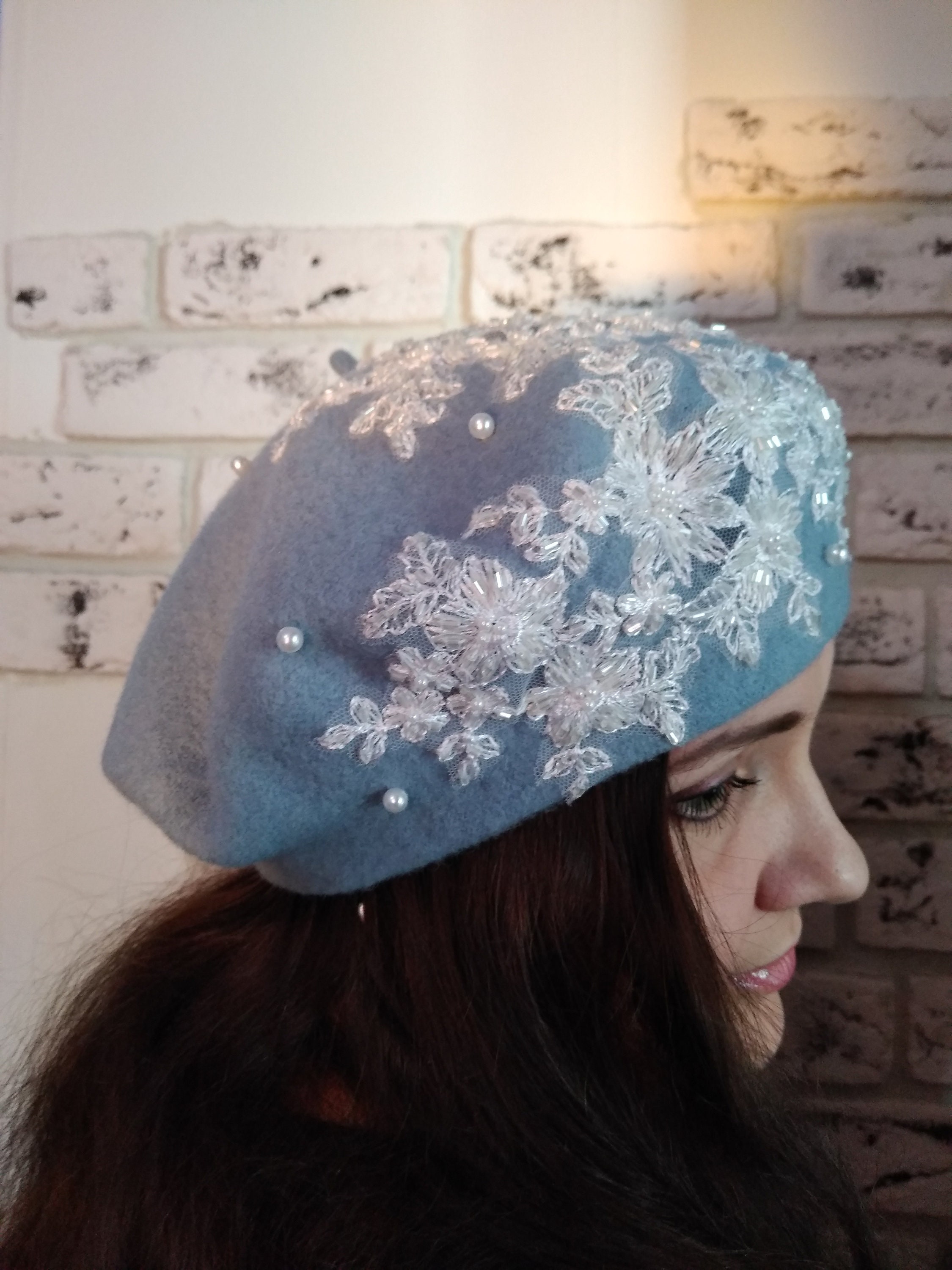 Blue Beret with 100 Wool Handmade embroidered beret with Etsy