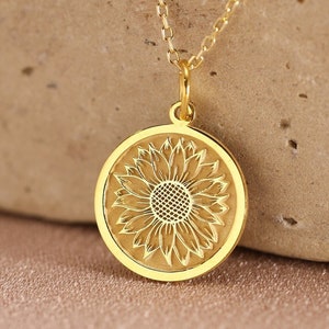 14k Solid Gold Sonnenblume Anhänger, personalisierte Sonnenblume Halskette, Blumenanhänger, Sonnenschein Anhänger Münze Halskette, Geburtstagsgeschenk