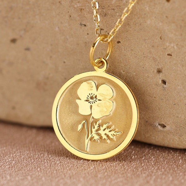 14k Solid Gold Poppy Flower Necklace , Personalized Poppy Charm , Delicate Poppy Charm, August Birth Flower, Poppy Jewelry , Birthday Gift