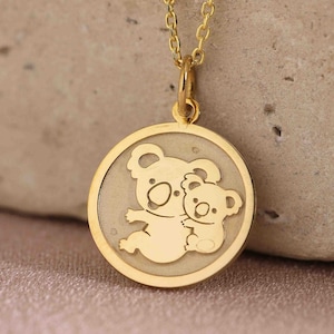 14k Solid Gold Koala Necklace , Personalized Koala Pendant , Dainty Animal Jewelry , Family Mother Baby Pendant , Mom Birthday gift