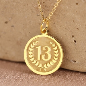 14k Solid Gold Lucky Number 13 Naszyjnik, Spersonalizowany Lucky Pendant, Wisiorek z zawieszką na szczęście, Delikatna biżuteria miłosna, Złoty wisiorek na prezent