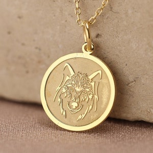 14k Solid Gold Wolf Necklace , Personalized Wolf Pendant , Wolf Coin Necklace , Animal Jewelry , Wolf Custom Necklace , Wolf Charm Pendant