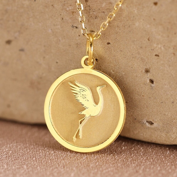 14k Solid Gold Crane Bird Necklace , Gold Crane Pendant , Dainty Bird Jewelry , Gold Bird Charm, Gold Eagle Necklace , Birthday Gift